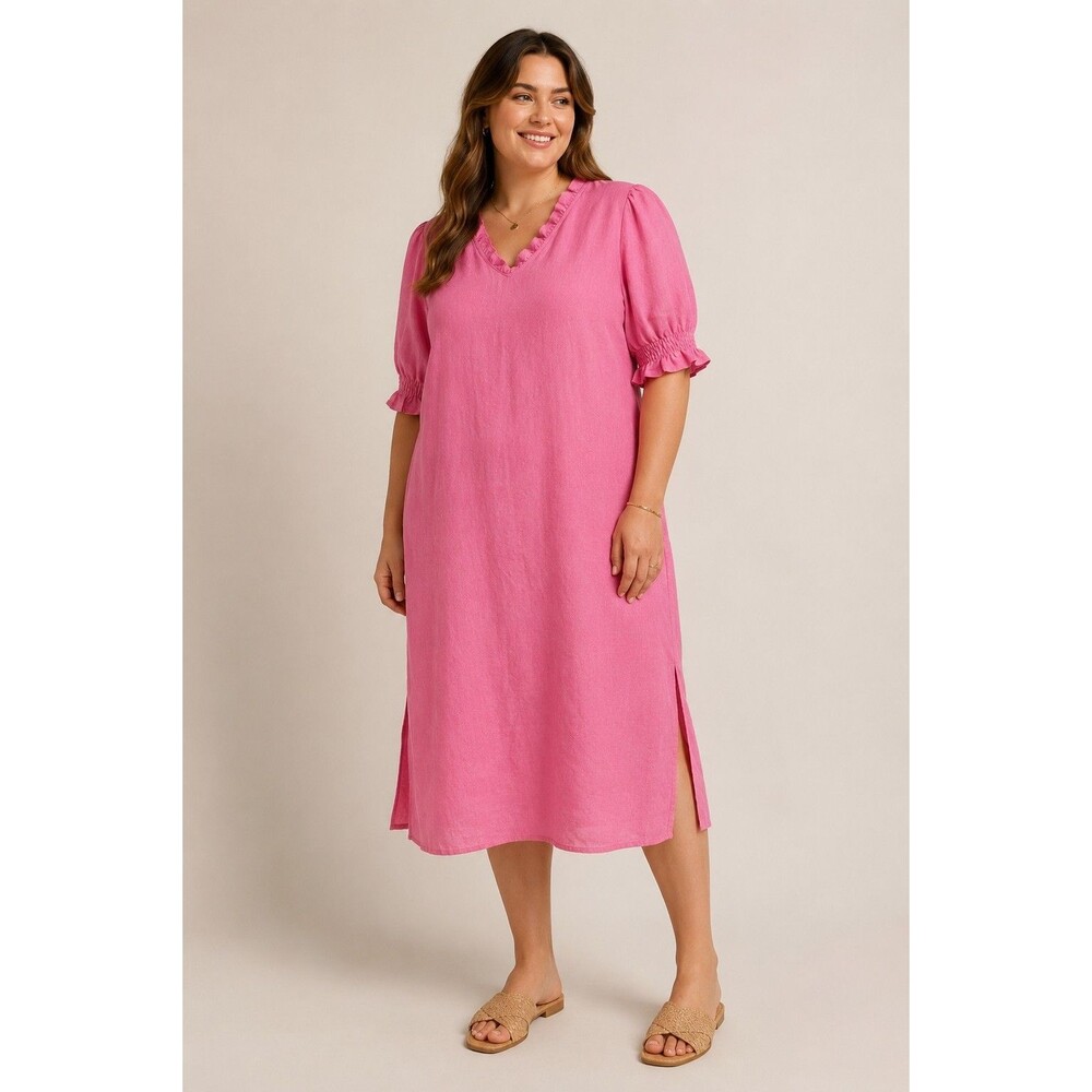 NWT Masai Copenhagen Nydela 100% Linen Shift Dress Azalea Pink Ruffle Size L
